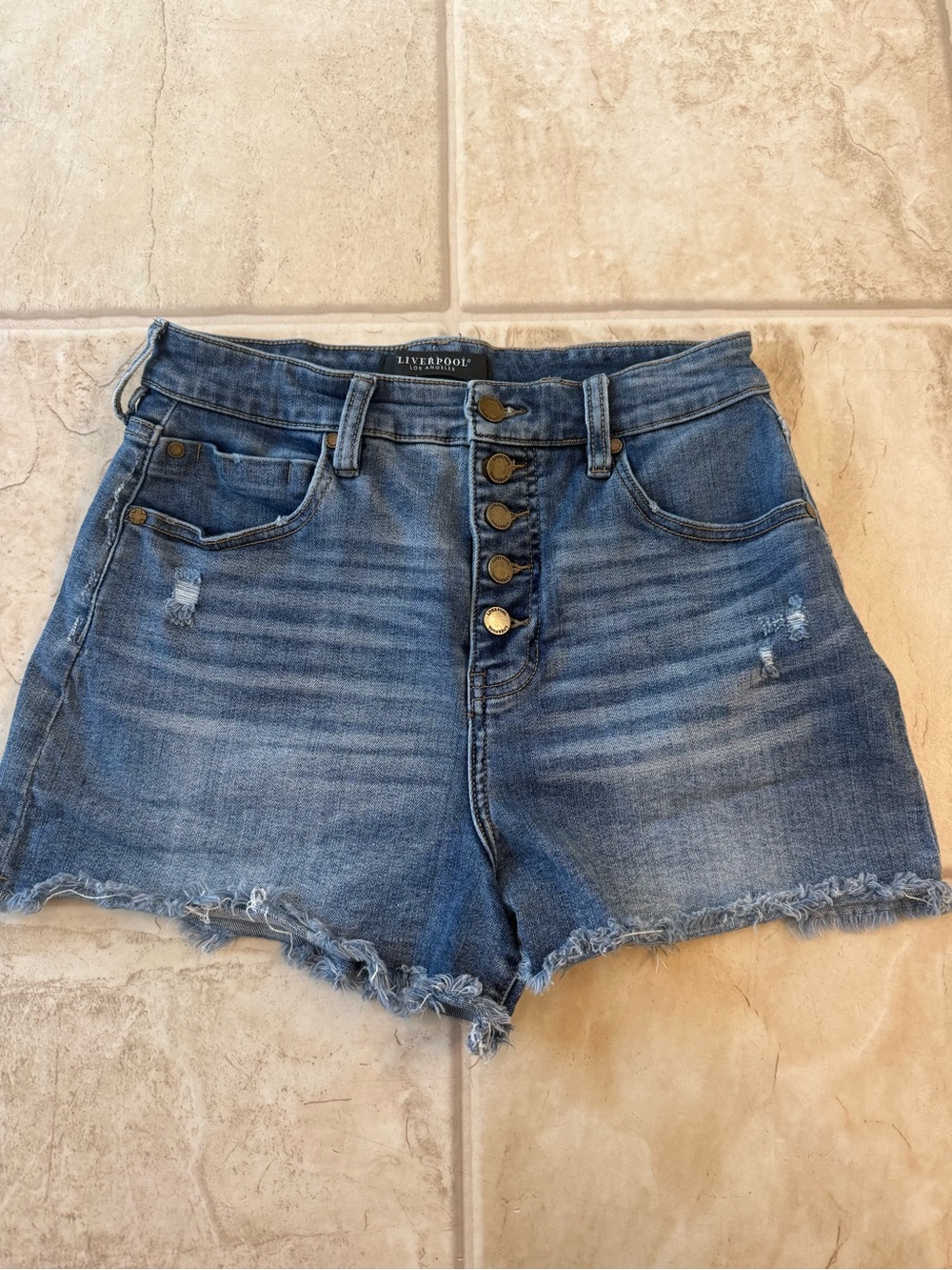 Liverpool High-Rise Button-Fly Distressed Jean Shorts - Blue